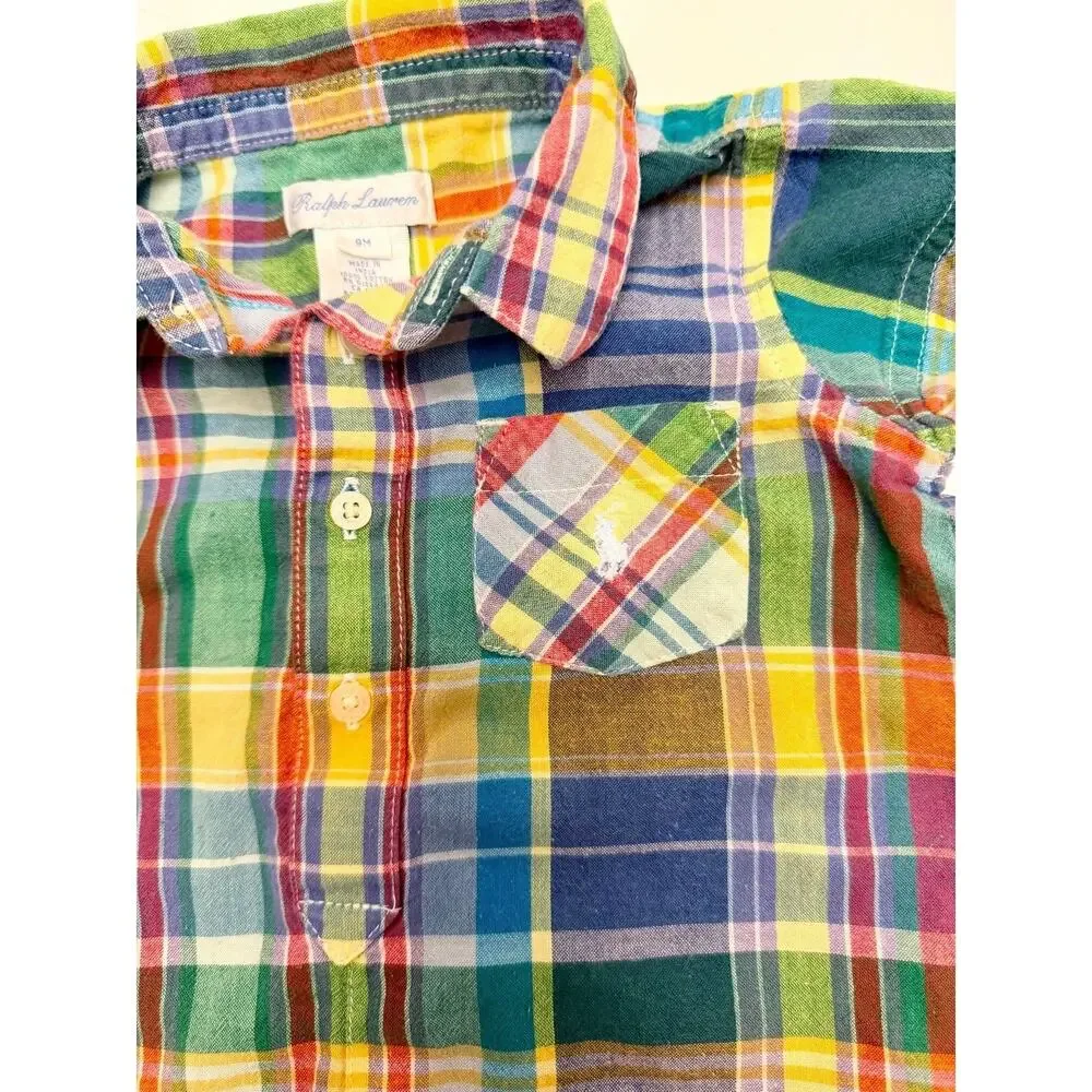 Ralph Lauren Baby Madras Plaid Shortall Romper Designer Summer EUC Size 9m